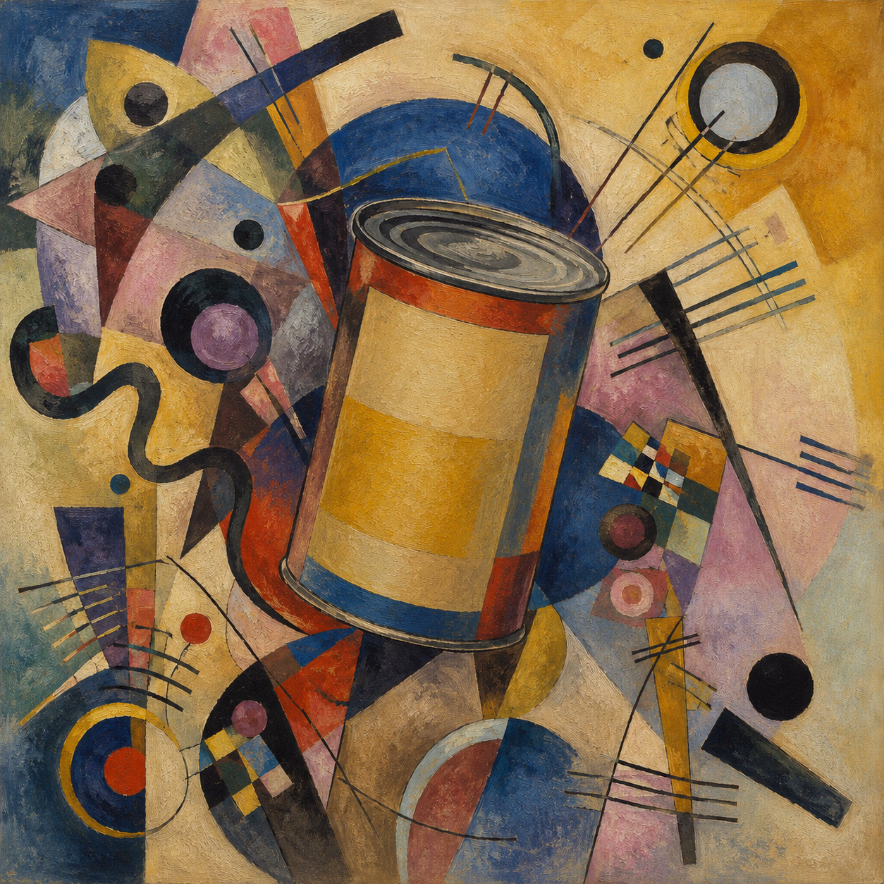 A tin can surrounded by angular planes, circles and intersecting lines in yellow, blue, red and black.