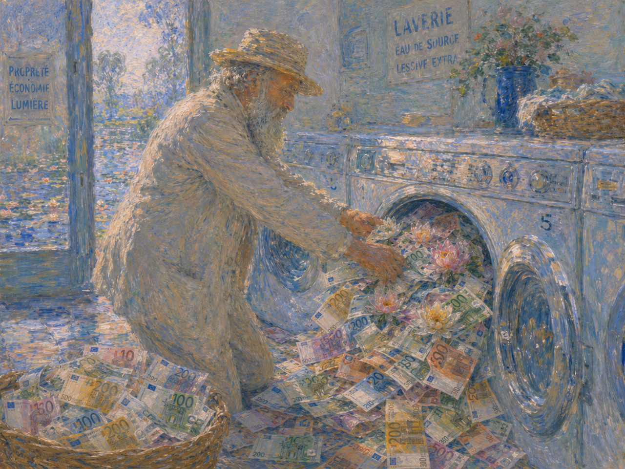 Claude Monet feeding euro banknotes and water lilies into a washing machine in a sunlit laundrette.