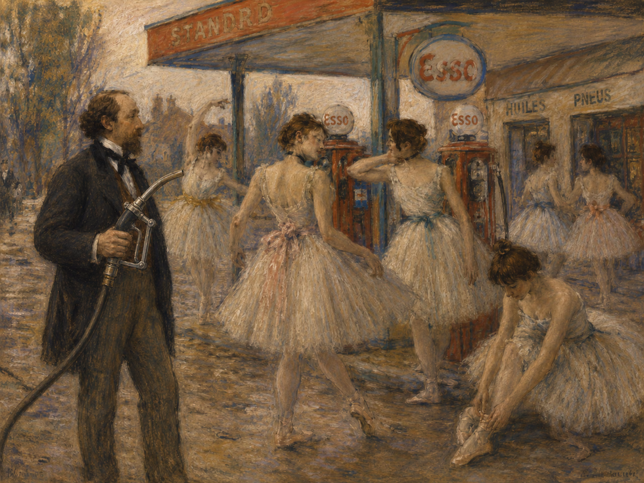 Edgar Degas holding a petrol nozzle beside ballet dancers at a filling station.