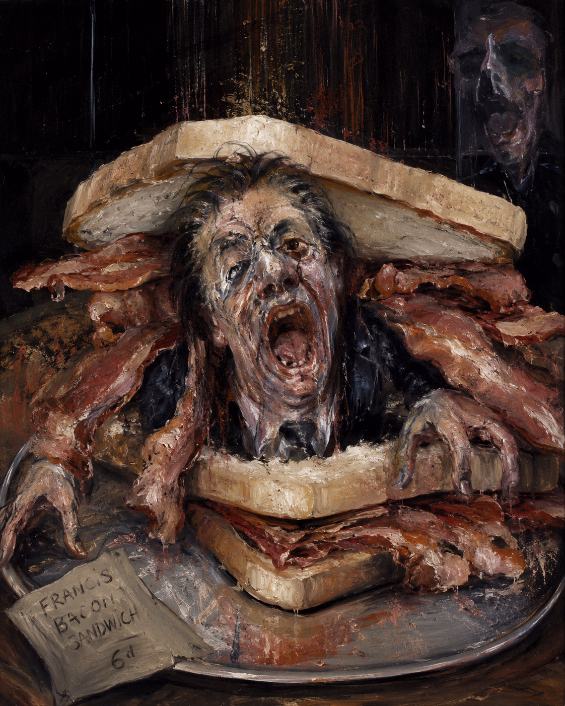 A screaming Francis Bacon enclosed between slices of bread and strips of bacon, beside a sixpence price card.