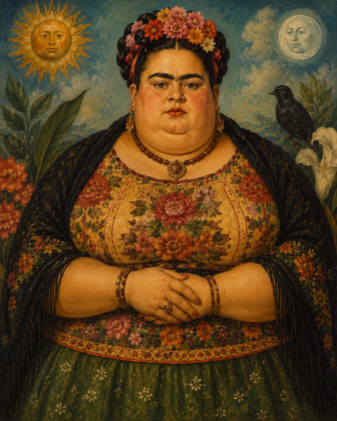 A monumental Frida Kahlo sits among flowers beneath personified sun and moon, with a black bird at her shoulder.