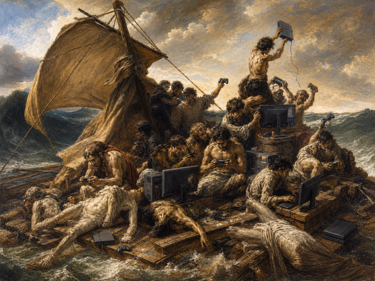 Shipwrecked men gaming on a raft, with monitors among the bodies and one survivor raising a console overhead.