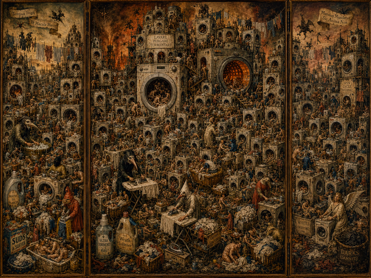 A triptych of tormented figures among towers of washing machines, laundry baskets and monstrous attendants.