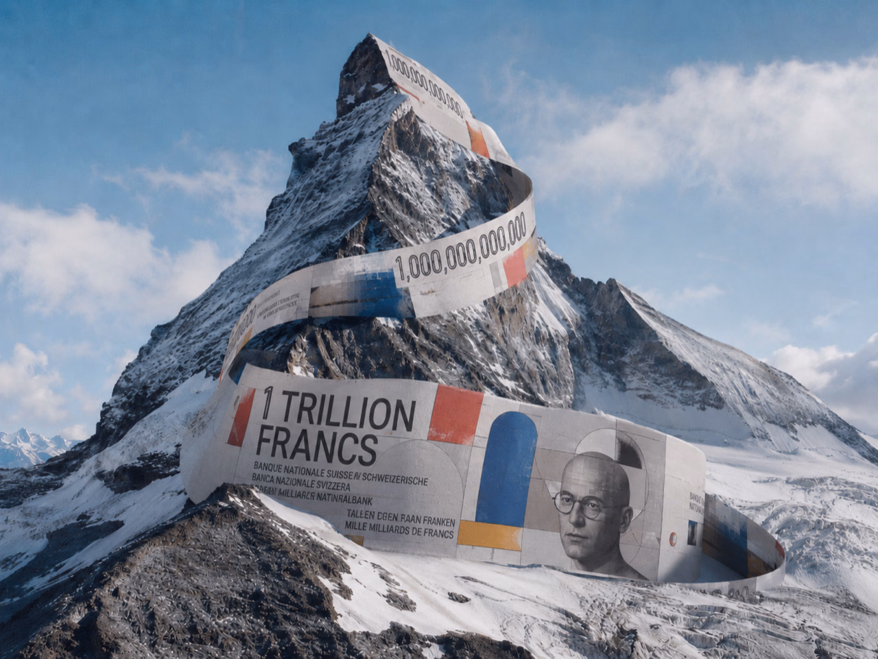 A one trillion franc banknote designed in Swiss modernist style, wrapped in a spiral around the Matterhorn.