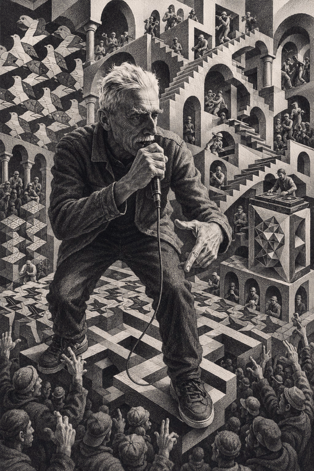 M. C. Escher holding a microphone amid impossible staircases, tessellated birds, a DJ and crowds facing conflicting directions.