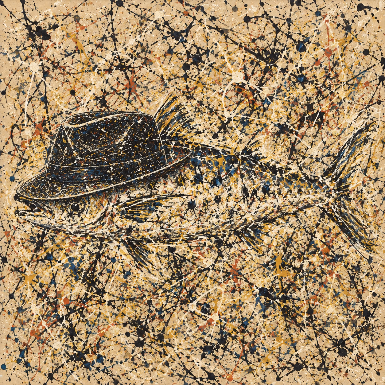 A fish in a black fedora emerges from a dense field of black, white, gold, red and blue paint splashes.