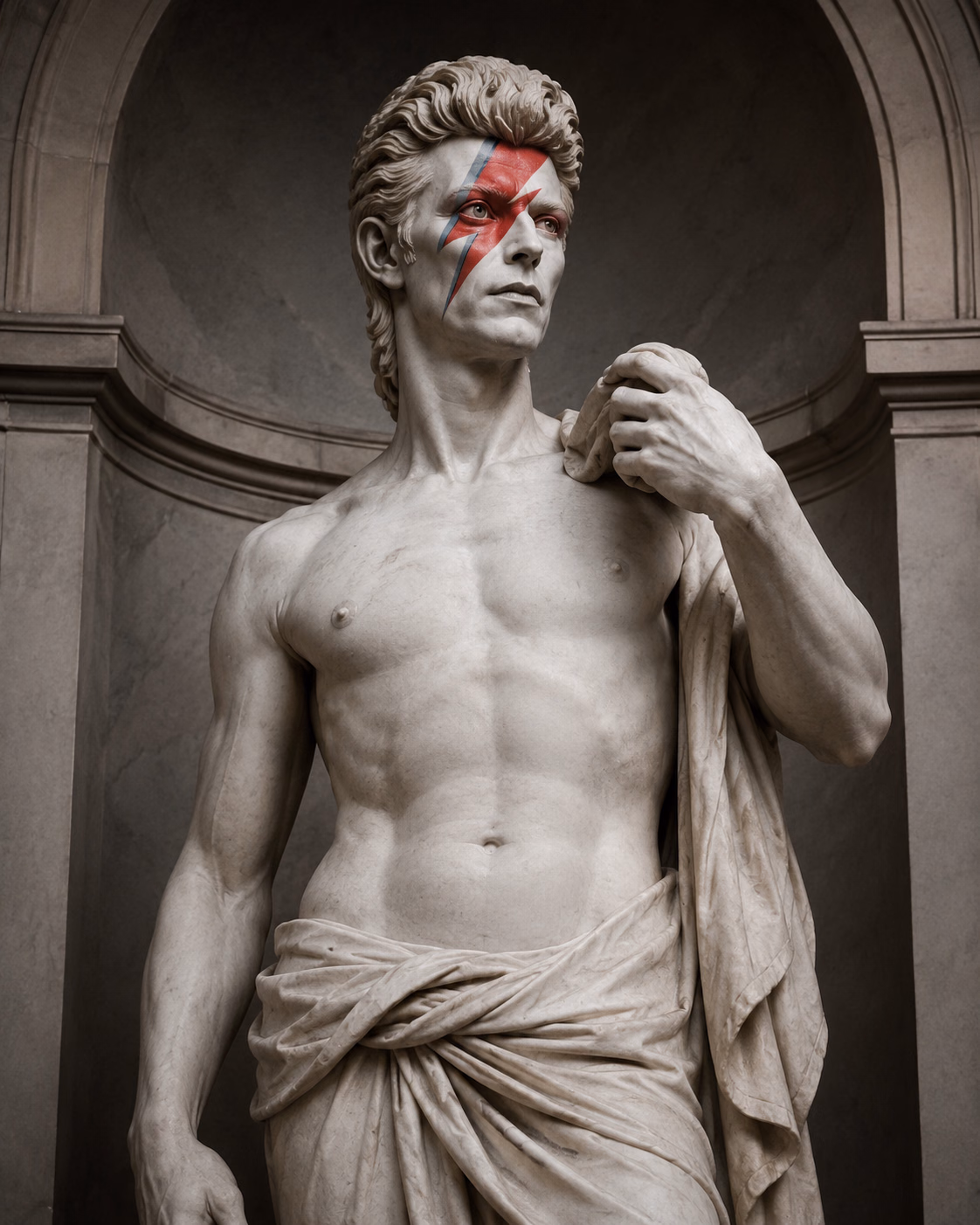 Michelangelo's David reimagined with David Bowie's hair and red-and-blue lightning bolt makeup.