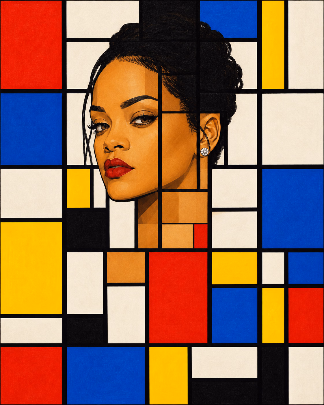 Rihanna's portrait intersected by a Mondrian-style black grid with blocks of red, yellow, blue and white.