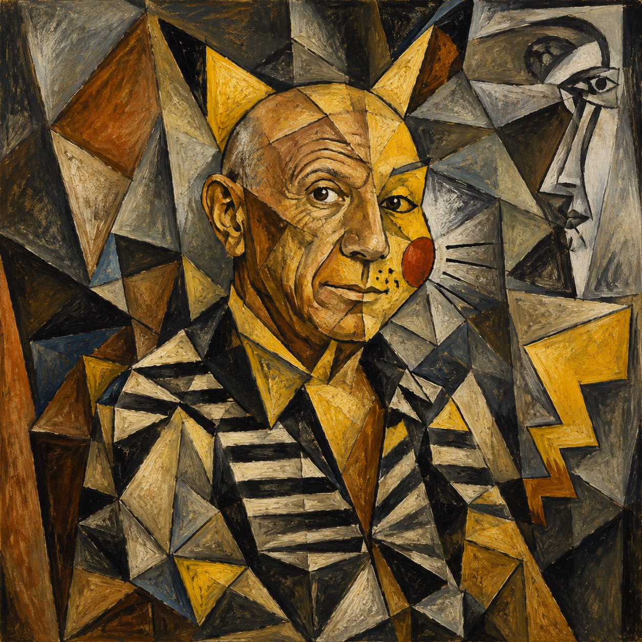 A cubist portrait combining Pablo Picasso's face with the yellow features and red cheek of Pikachu.