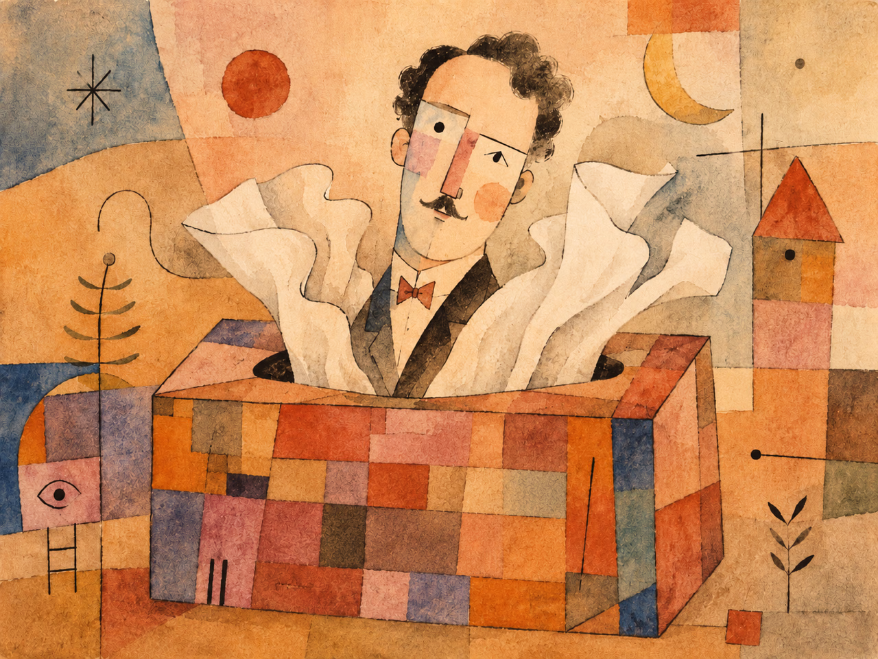 Paul Klee emerging among white tissues from a patterned box, against a landscape of abstract shapes.