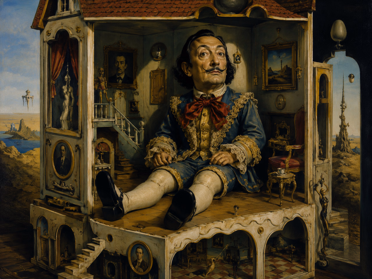 Salvador Dalí sits inside an elaborate open dollhouse surrounded by miniature rooms, portraits and dreamlike landscapes.