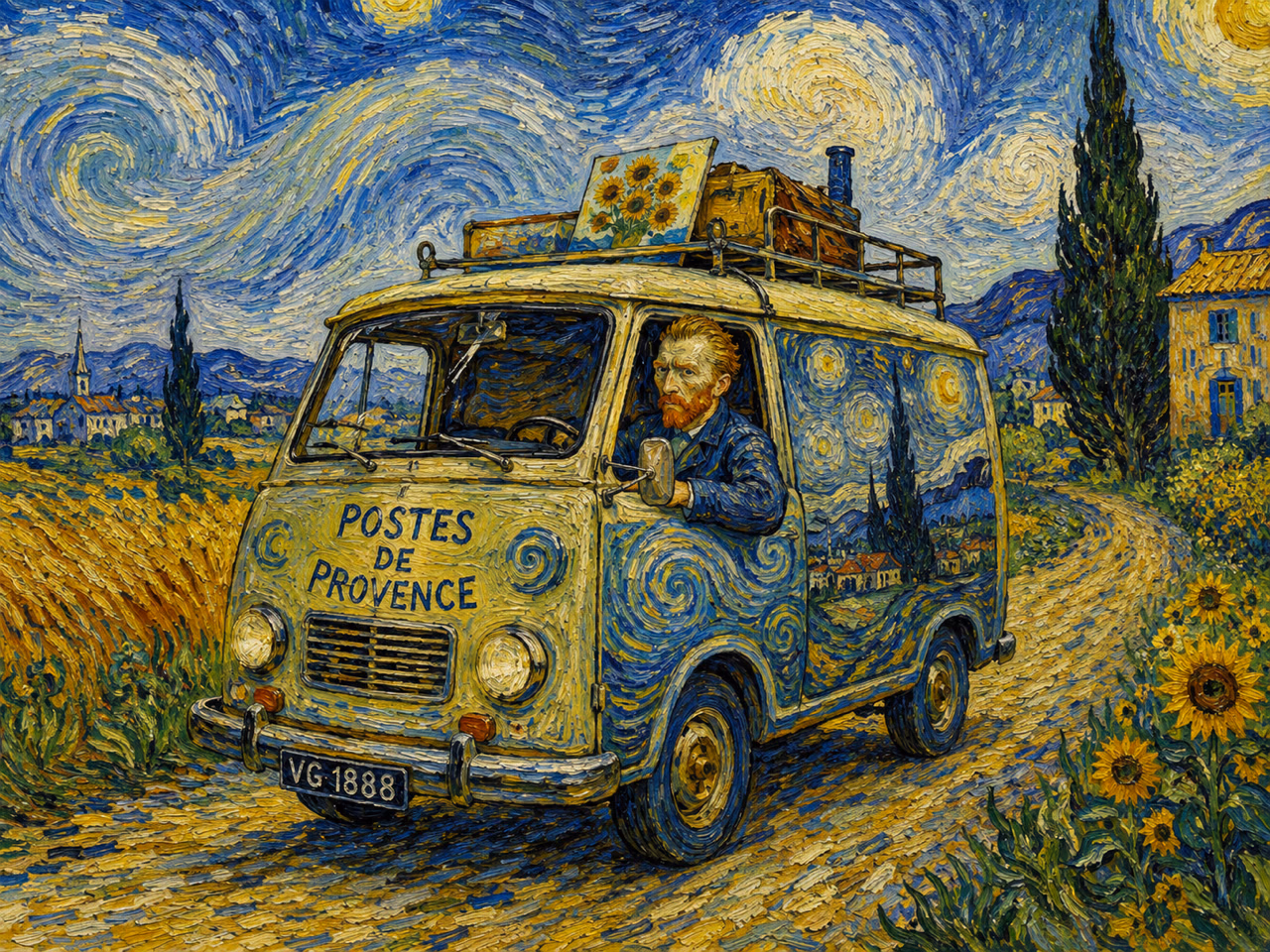 Vincent van Gogh driving a yellow postal van through a swirling Provençal landscape, with a sunflower painting on its roof.