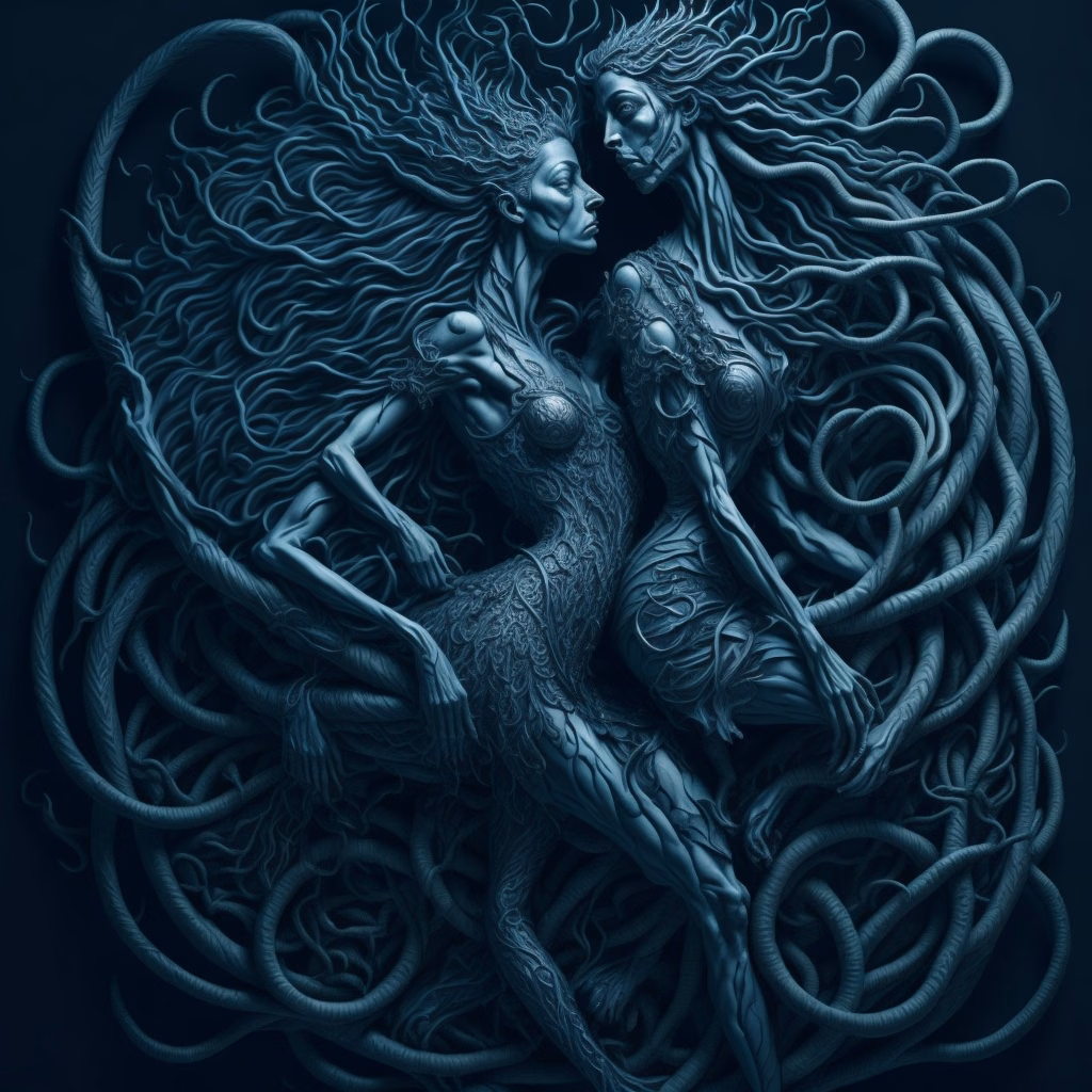 Two entwined figures with flowing hair and looping tendrils.
