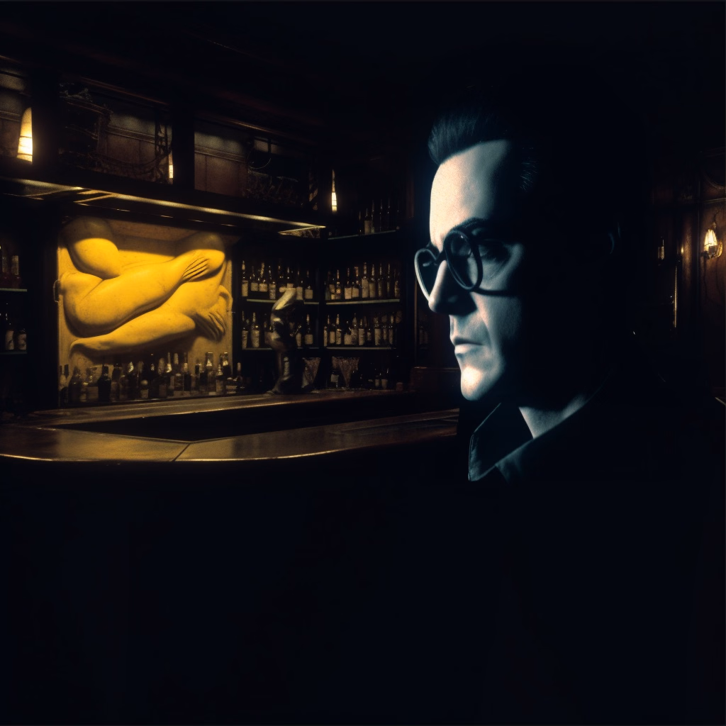 A man in sunglasses sits in a dim jazz club beside a sculpture above the bar.