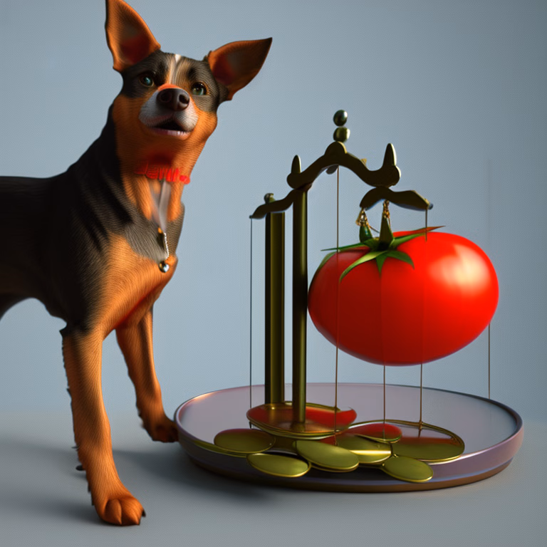 A dog stands beside a tomato suspended from a balance scale.