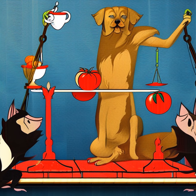 A dog holds scales with tomatoes while two figures look on.
