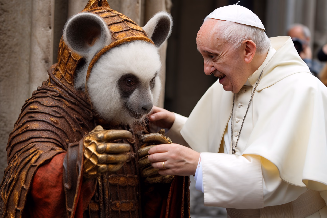 The pope offers a drink to a panda wearing tiger-striped robes.