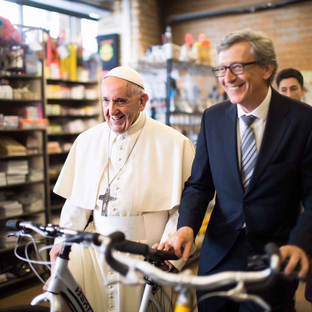 The pope and a smiling businessman stand beside bicycles in a shop.