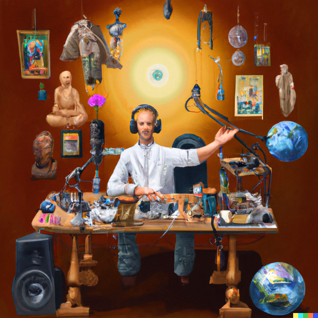 A radio host spreads his arms over a cluttered desk surrounded by spiritual symbols.