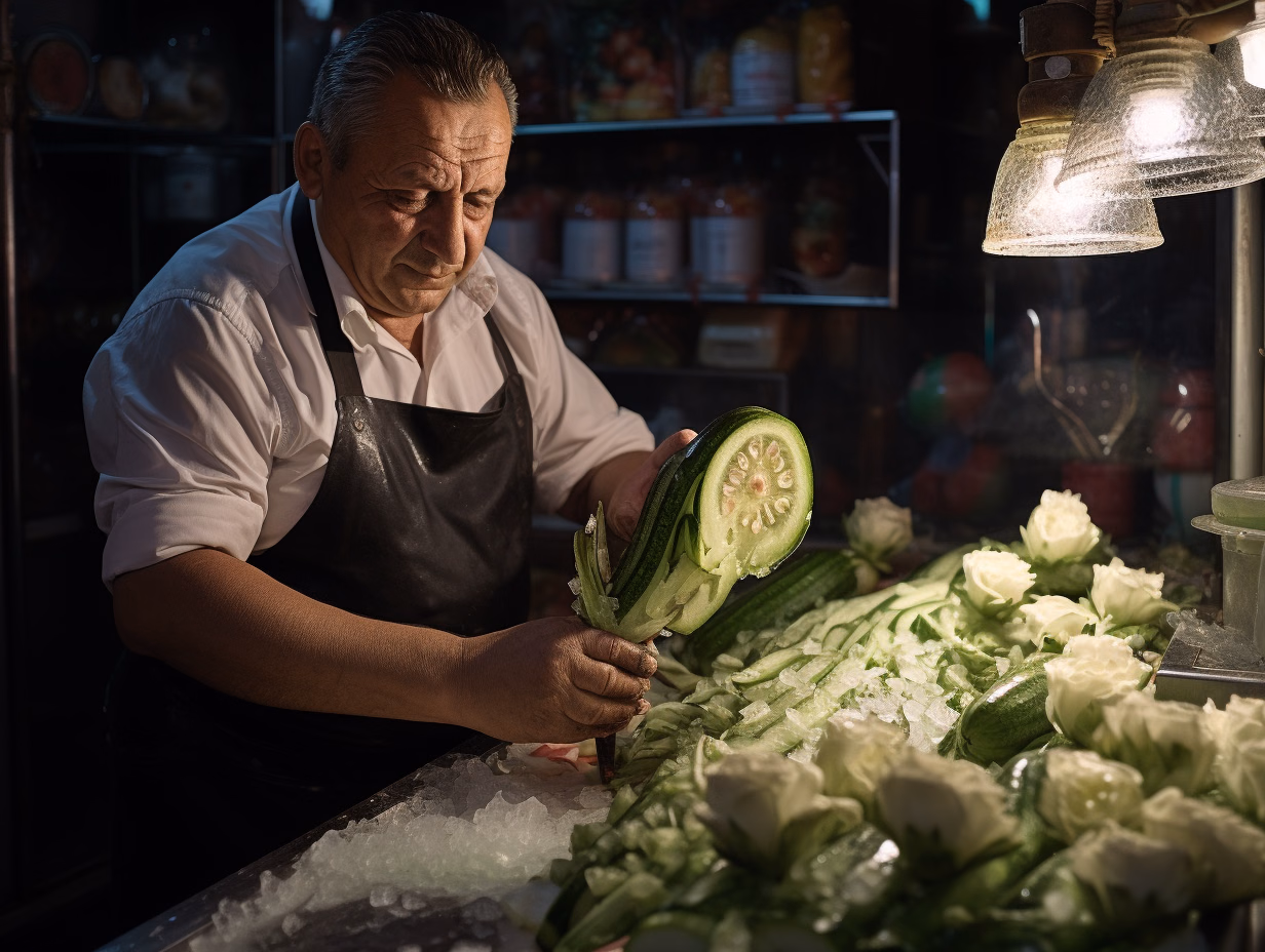 An ice cream maker prepares a green mixture with cucumber slices.