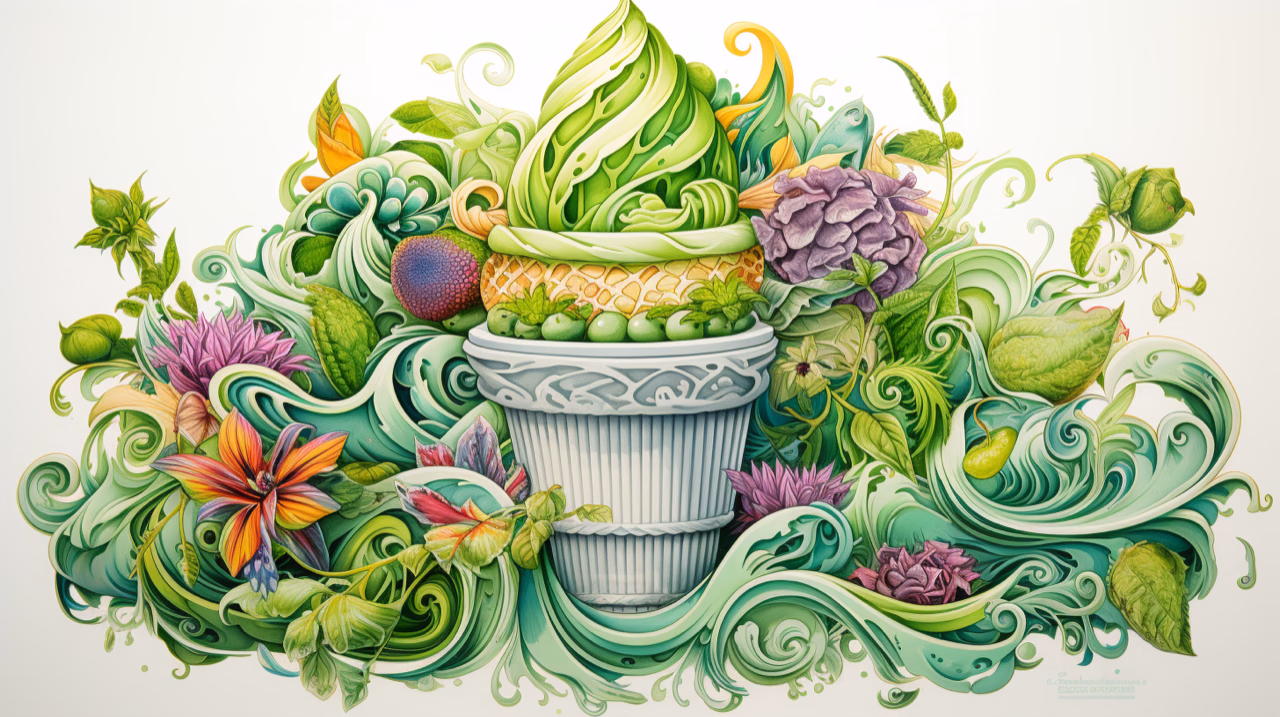 A bowl of green ice cream surrounded by curling leaves and cucumber slices.