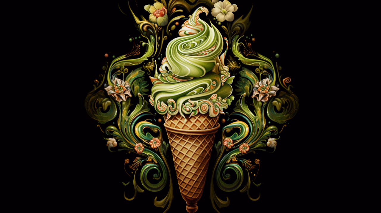 A green ice cream cone surrounded by ornate leaves and curling vines.