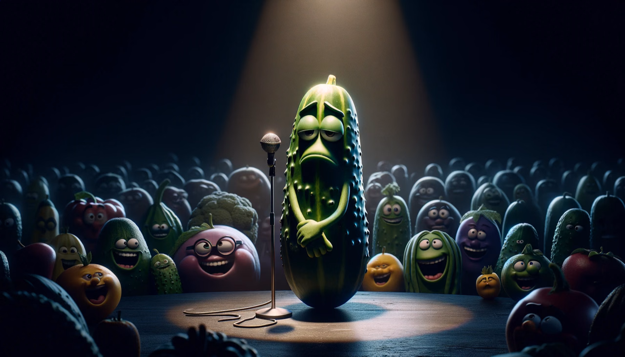 A cucumber performs at a microphone before an audience of vegetables.