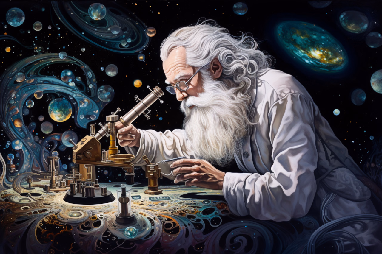 An elderly man works at a desk surrounded by planets and galaxies.