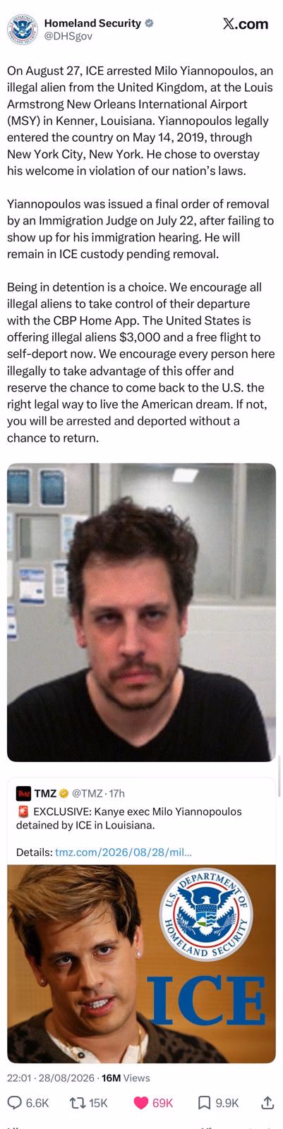Screenshot of a DHS post announcing Milo Yiannopoulos's detention and promoting voluntary departure, accompanied by his photograph.