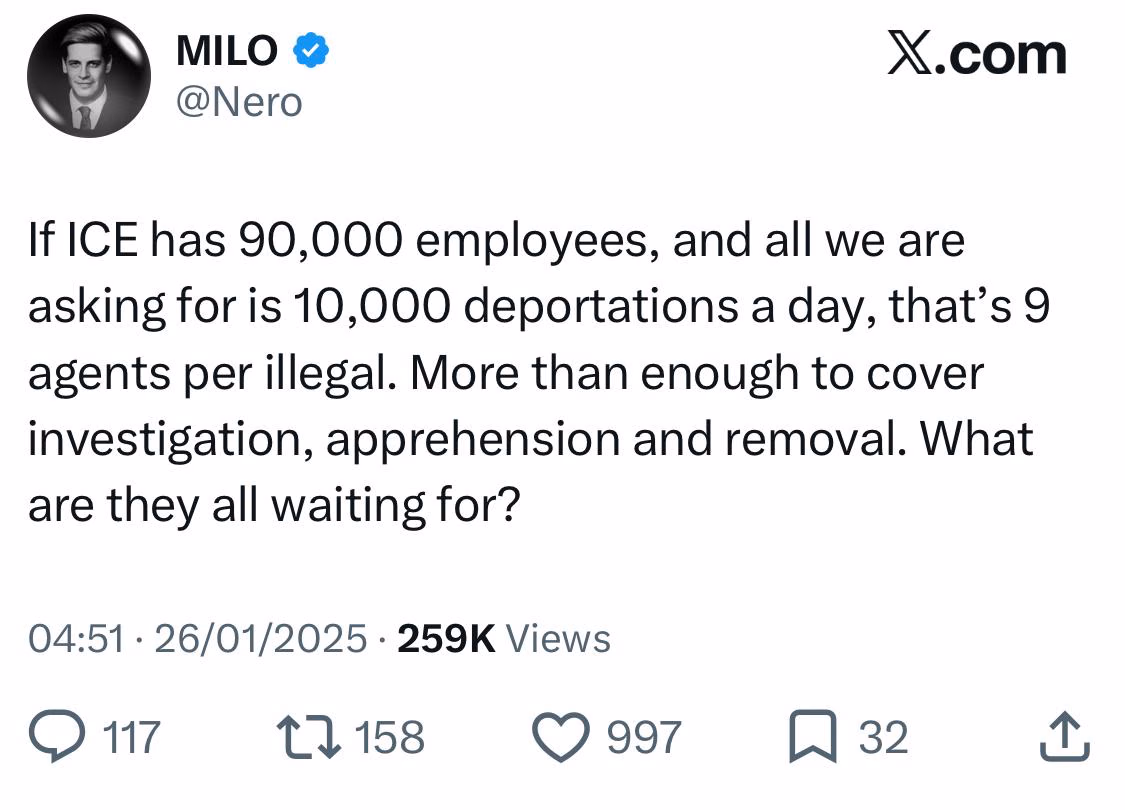 Screenshot of a post attributed to Milo Yiannopoulos calling for 10,000 deportations a day.
