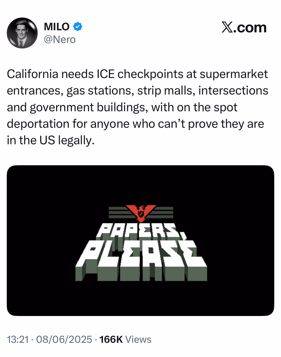 Screenshot of a post attributed to Milo Yiannopoulos calling for ICE checkpoints and on-the-spot deportations.
