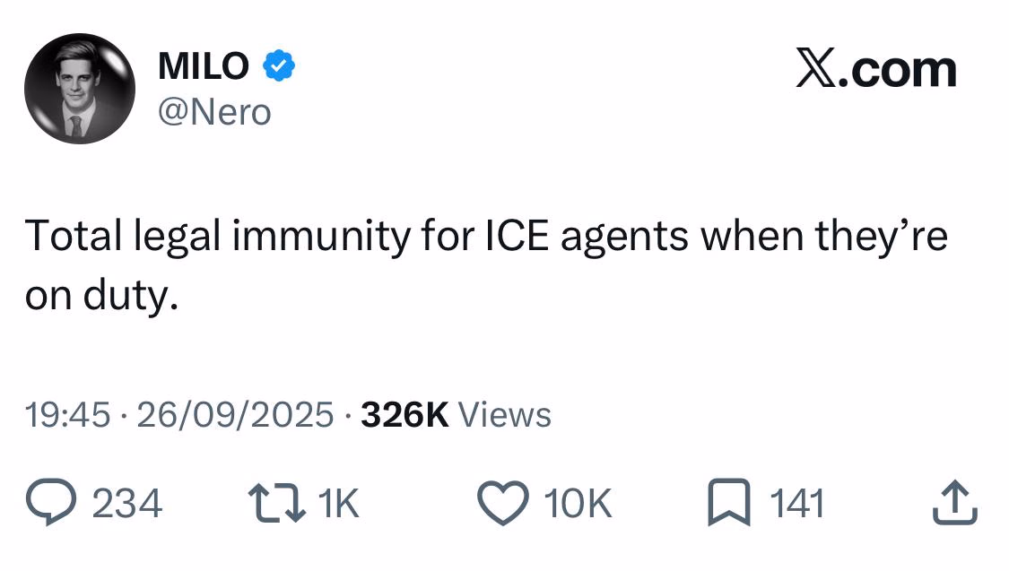 Screenshot of a post attributed to Milo Yiannopoulos calling for total legal immunity for ICE agents on duty.