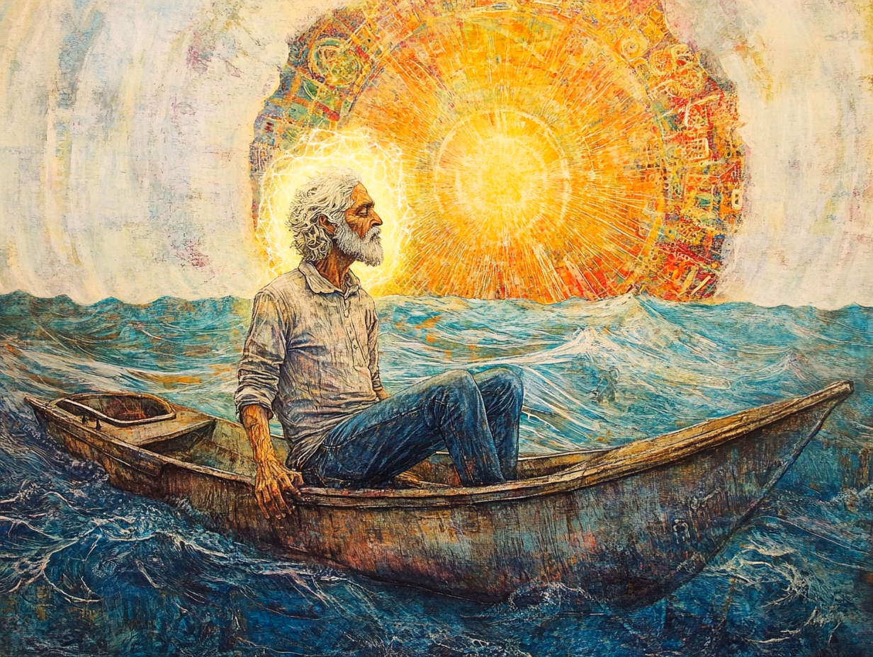An old fisherman sits in a boat beneath a radiant golden sun.