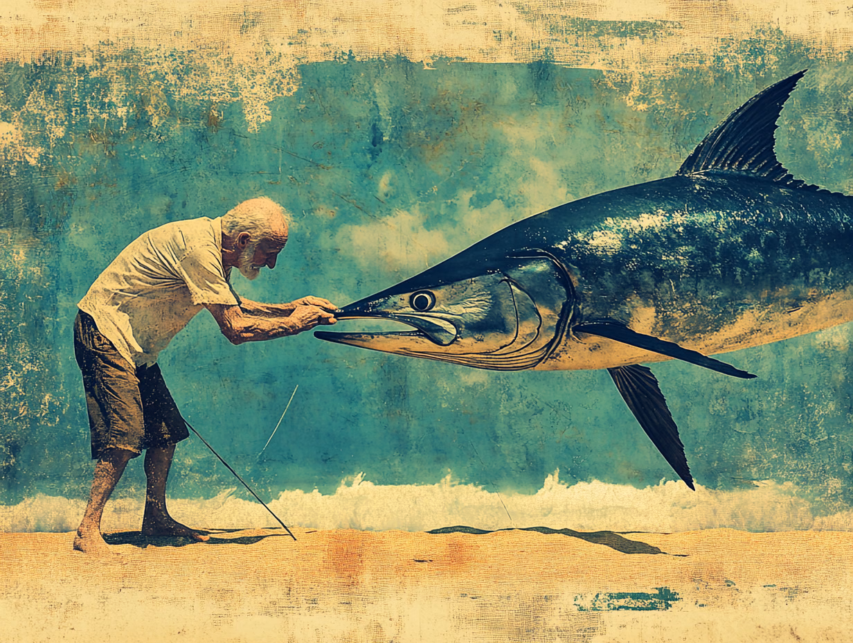 An old fisherman bends toward a large fish at the water’s edge.
