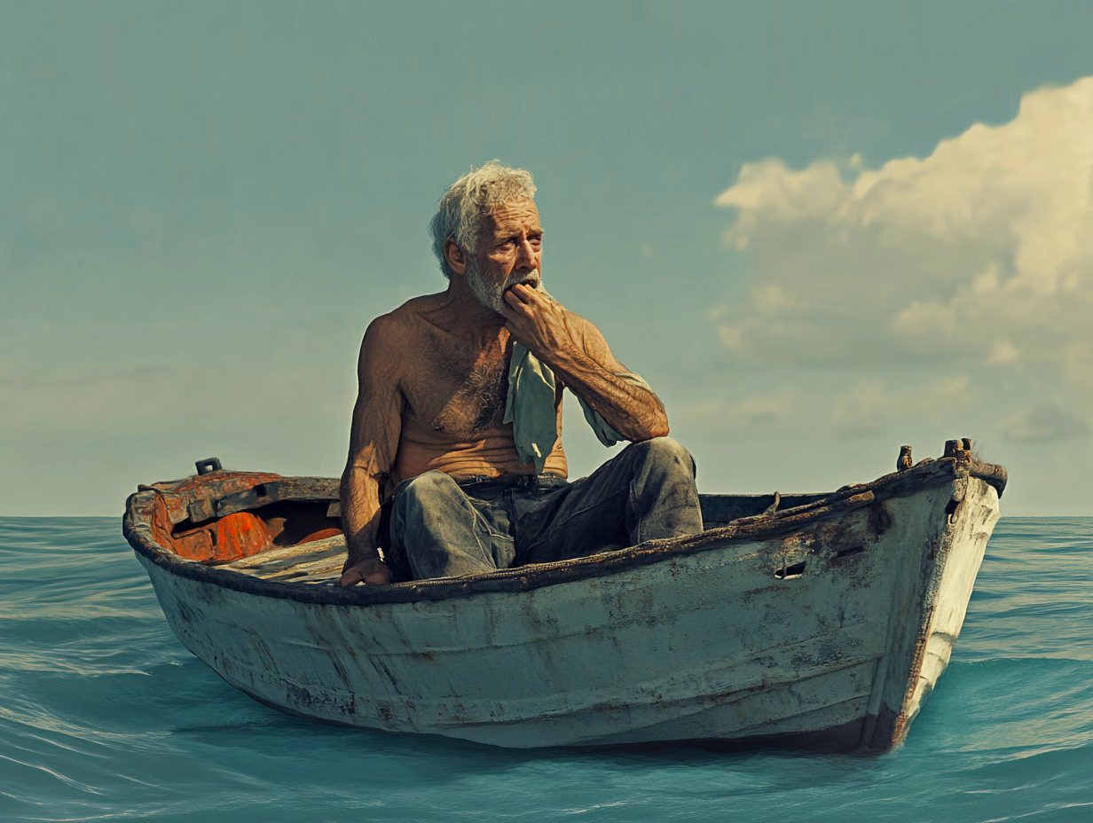 A shirtless old fisherman sits in a small boat at sea.