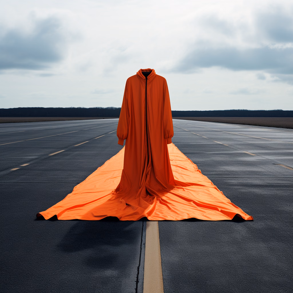 An empty orange robe stands on a runway with a long train spread behind it.
