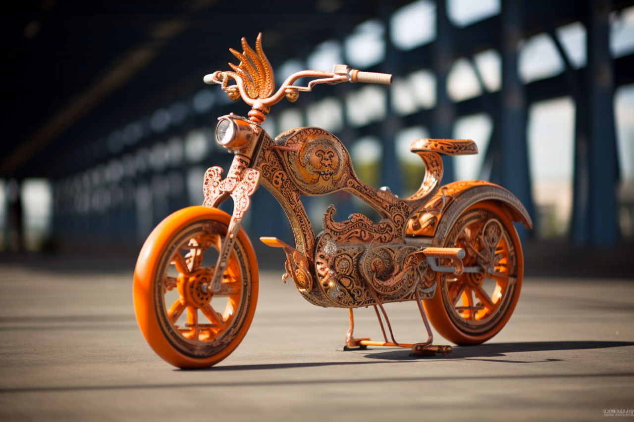 An ornate orange bicycle decorated with a dragon and clockwork gears.