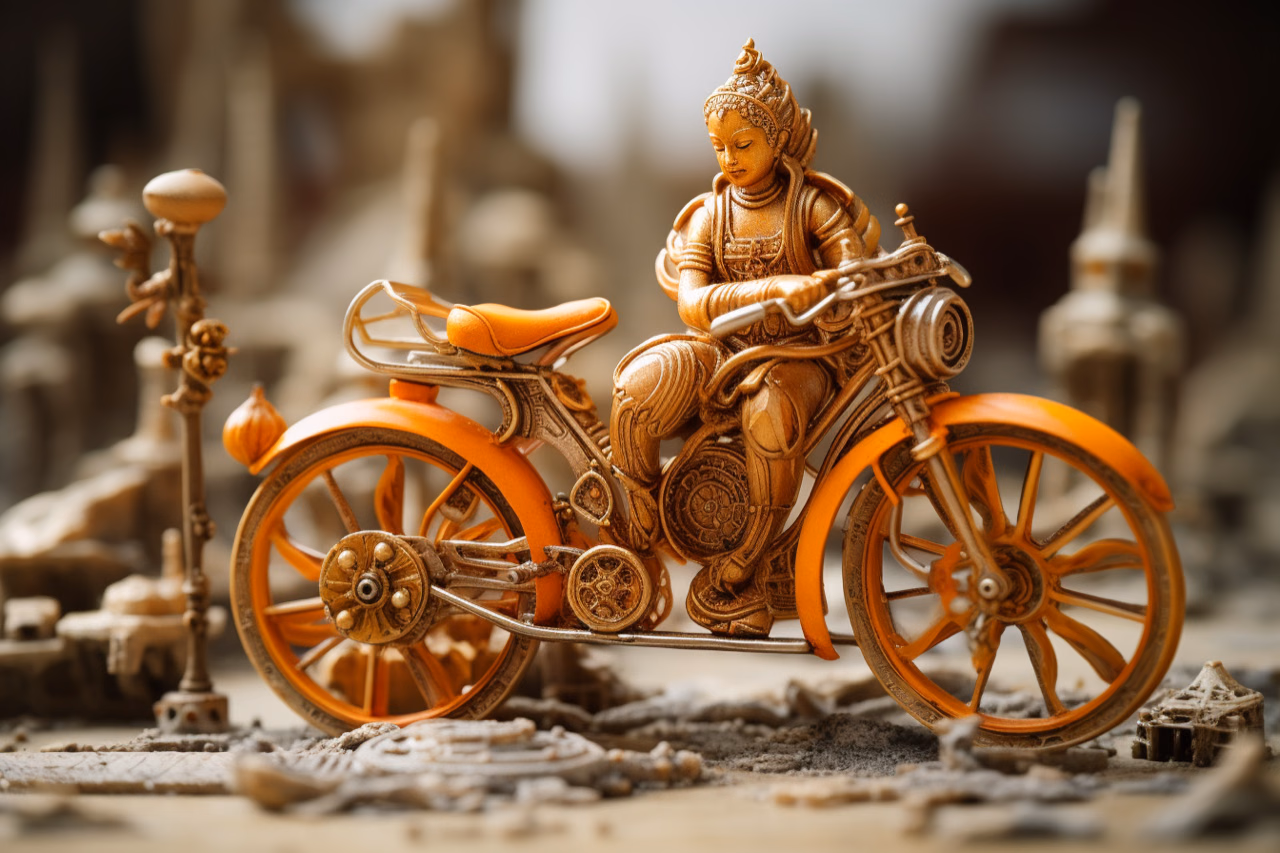 An orange bicycle carries a seated Buddha figure among intricate carvings.