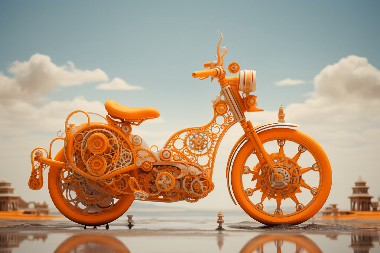 An orange bicycle with exposed gears stands against a cloudy sky.