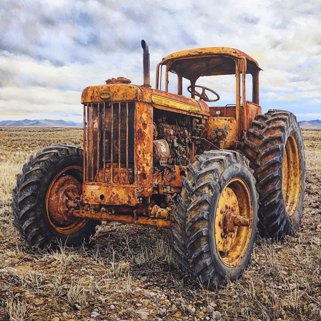 A rusty tractor stands in a dry, harvested field.