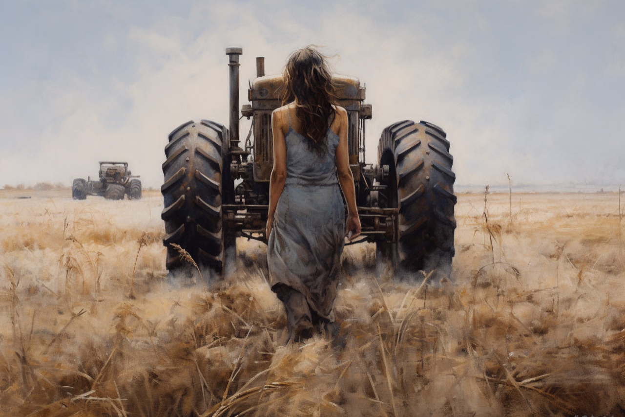 A woman in a dress stands facing a tractor in a dry field.