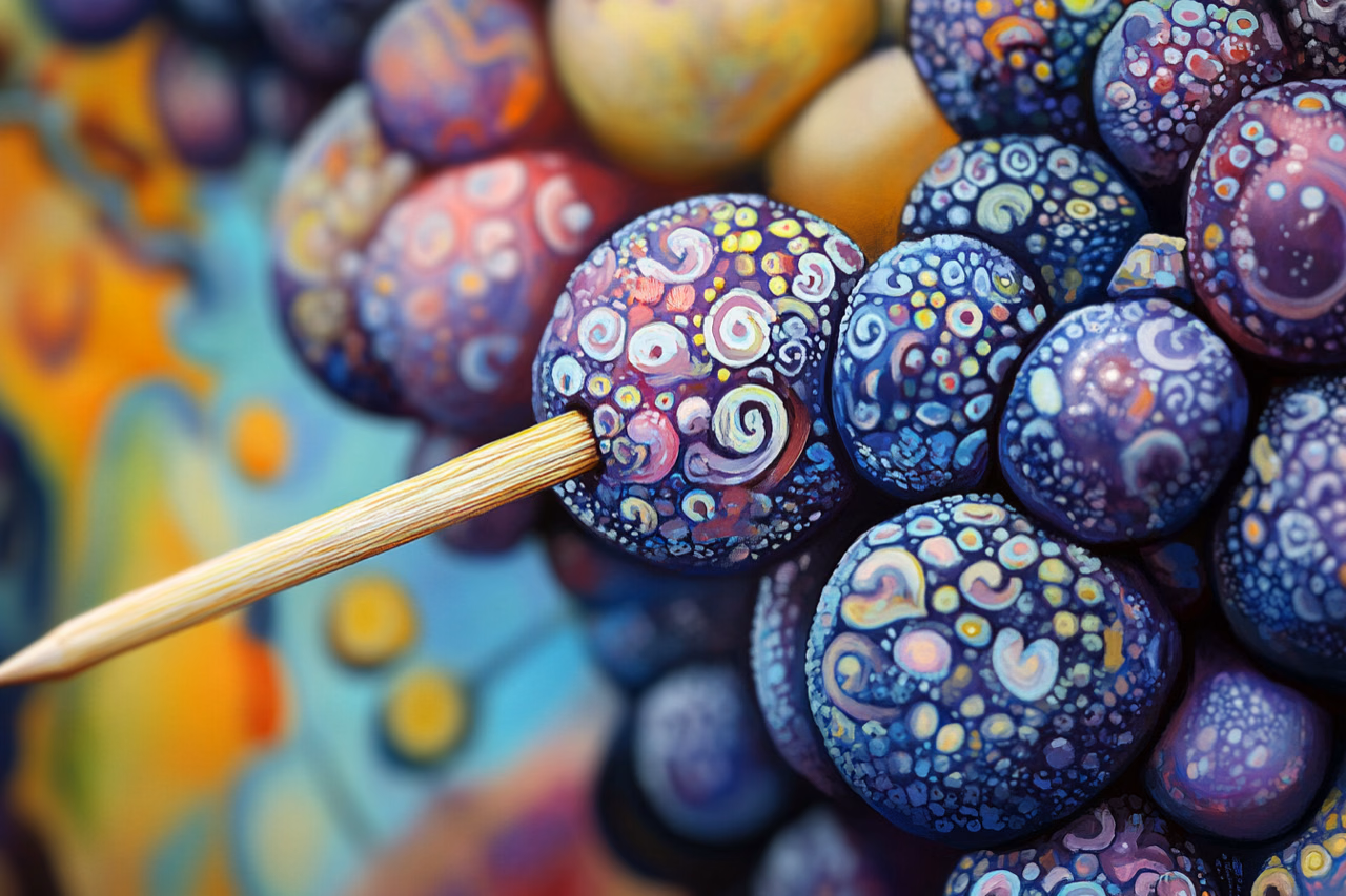 A wooden skewer pierces grapes covered in colorful circular patterns.