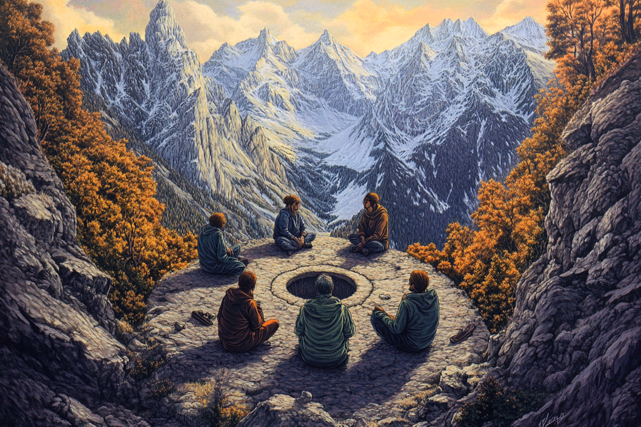 Hikers sit in a circle beside a mountain trail overlooking a valley.