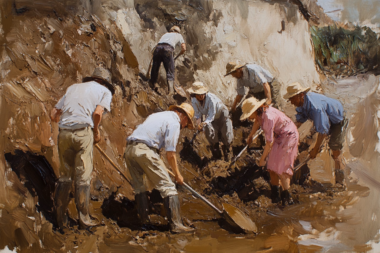Volunteers use shovels to clear thick mud beside a damaged wall.