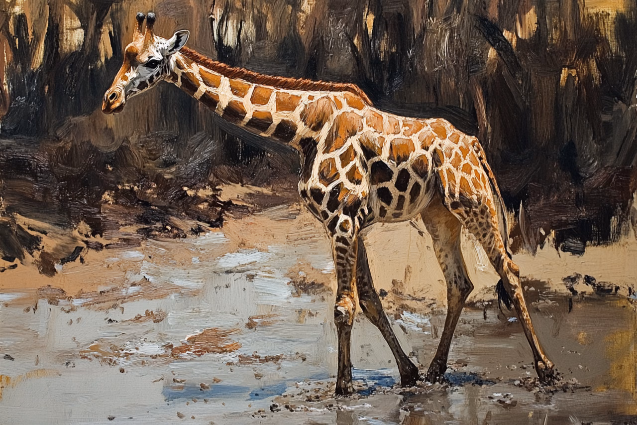 A giraffe stands in a muddy, debris-strewn street.