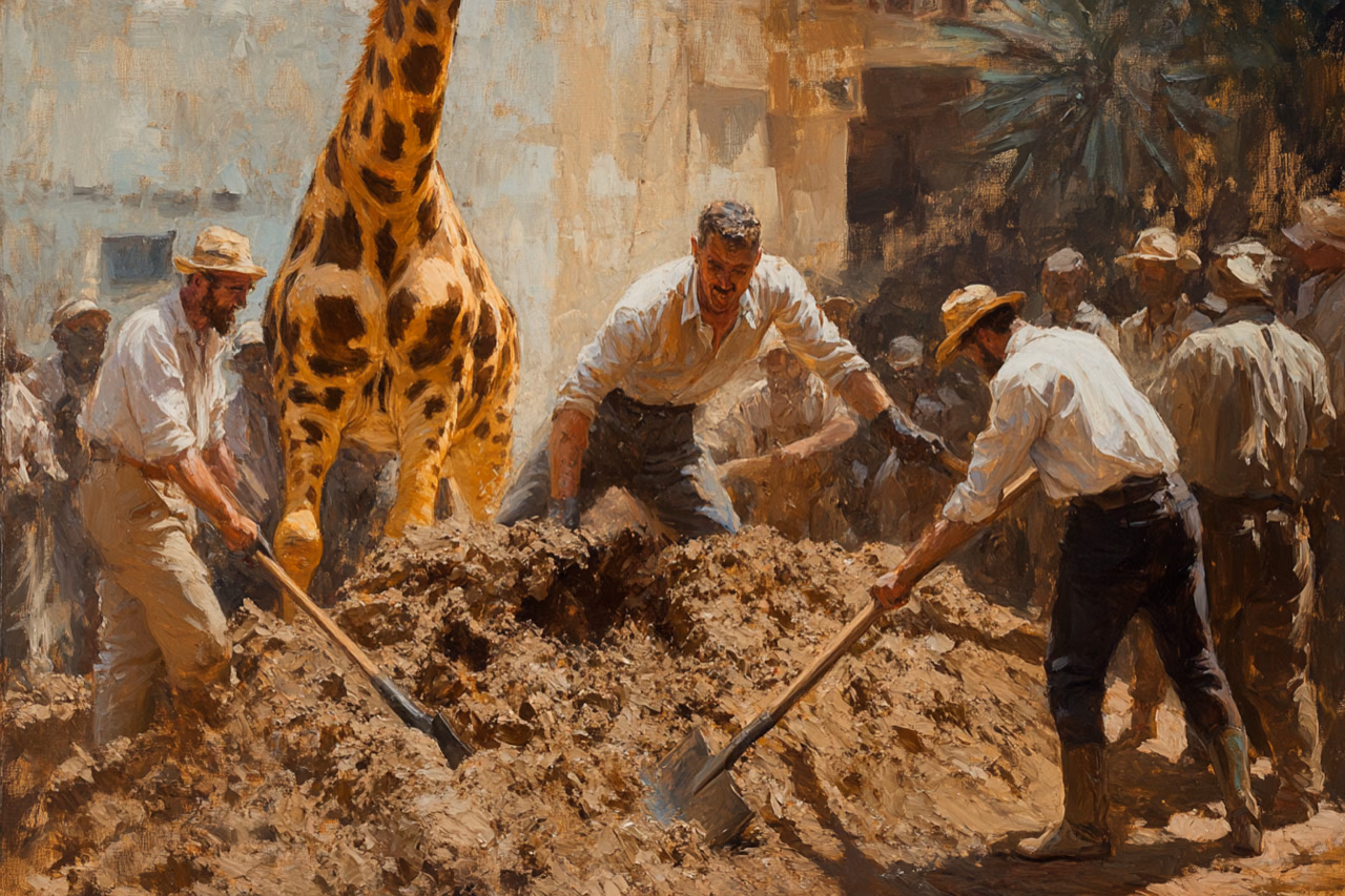 Volunteers shovel mud around a giraffe beside a damaged building.