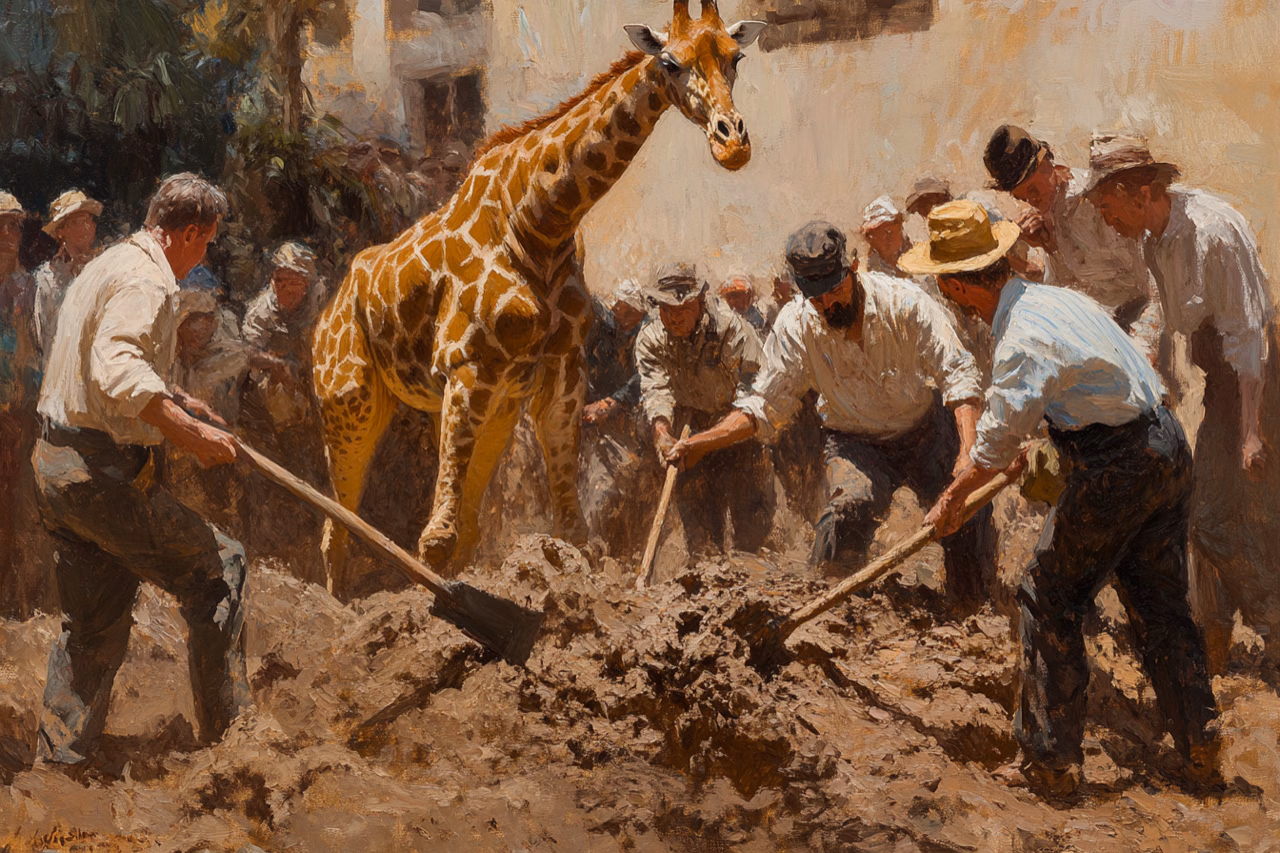 A giraffe towers over volunteers clearing mud with shovels.