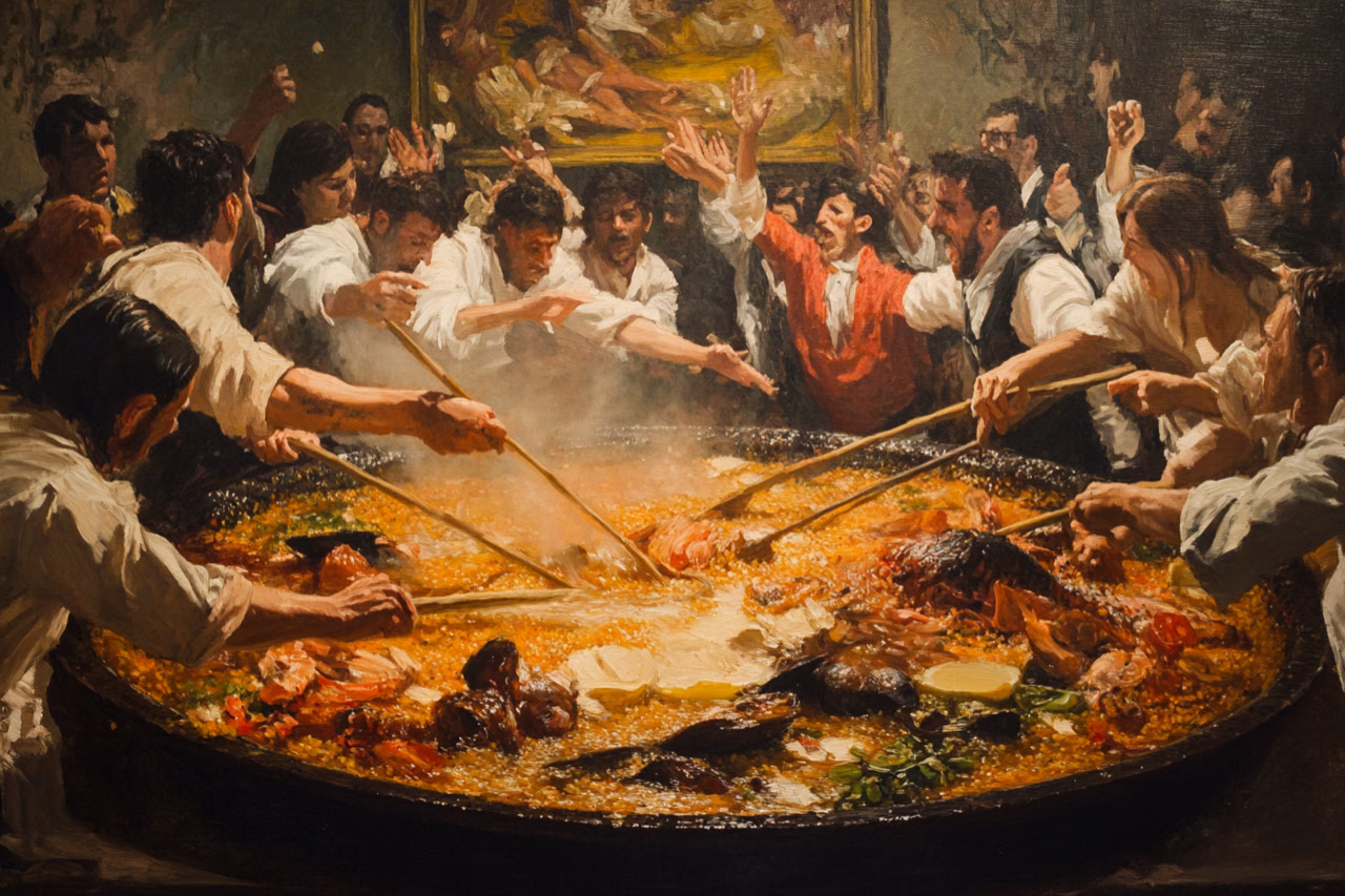 A crowd gathers around an enormous pan of paella.